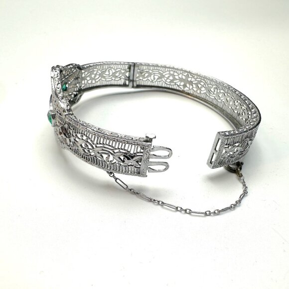 Vintage Art Deco Filigree Cuff Bracelet with Green & Black Glass Accents — EUC - Picture 2 of 5